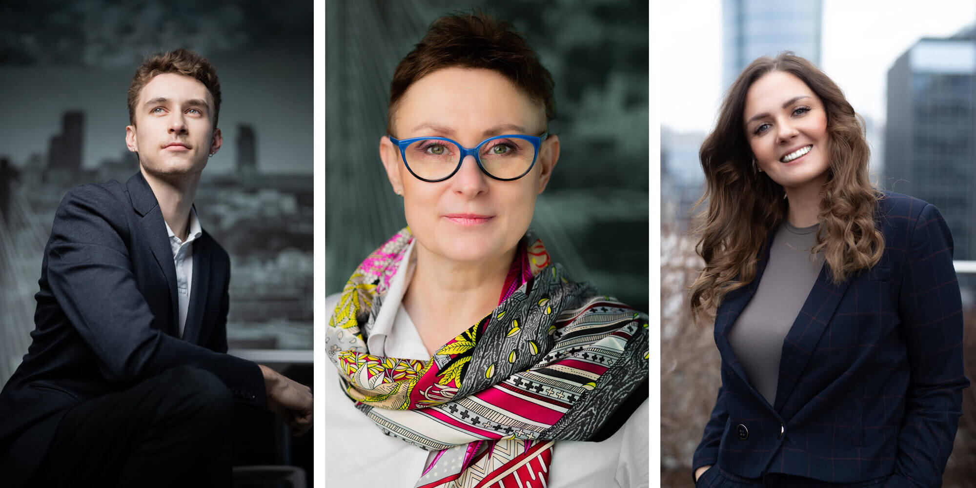 Trzy przykładowe portrety biznesowe wykonane przez Dariusza Goldmanna – profesjonalne zdjęcia wizerunkowe w miejskim otoczeniu.