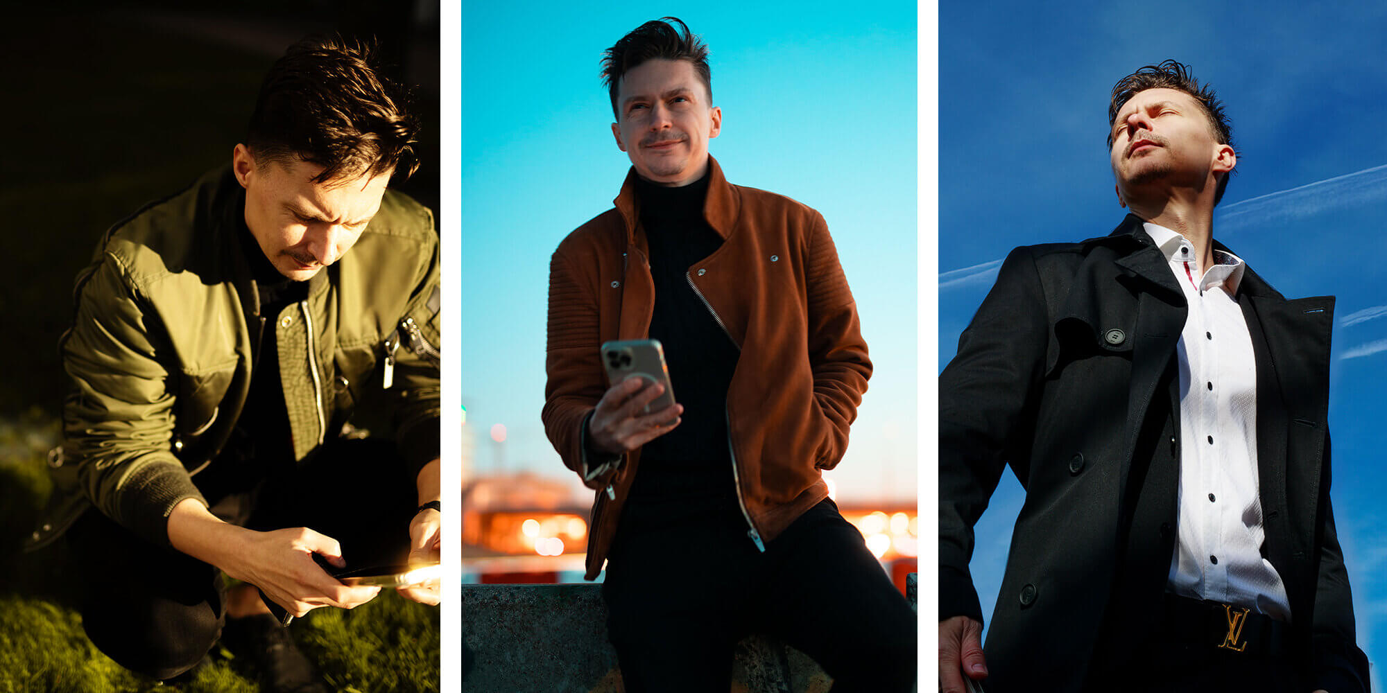 Trzy autoportrety Dariusza Goldmanna – fotografia wizerunkowa freelancera z telefonem, realizowana w plenerze i miejskim otoczeniu.